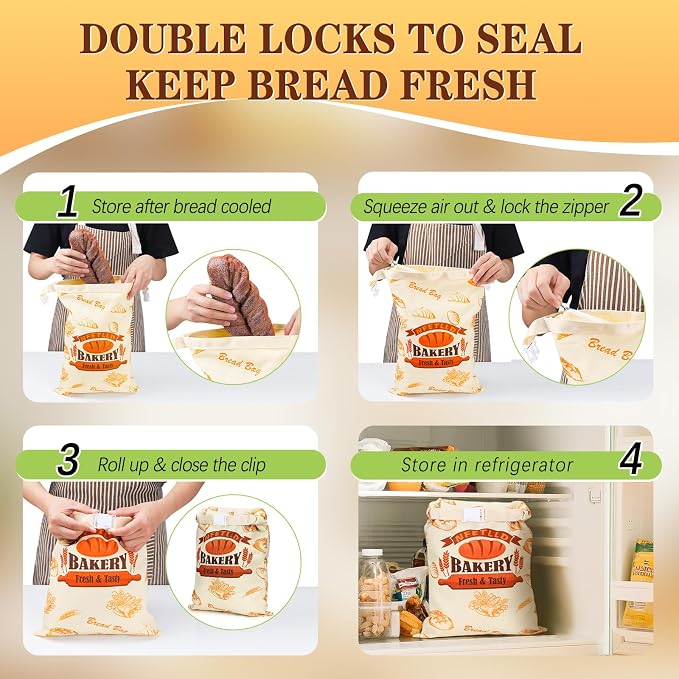 2 Packs Reusable Bread Bags for Homemade Bread, NFETLLD Homemade Sourdough Bags Storage Container Keep Loaf Fresh with Zipper & Clip Freezer Safe Extra Large 17x12 Inch