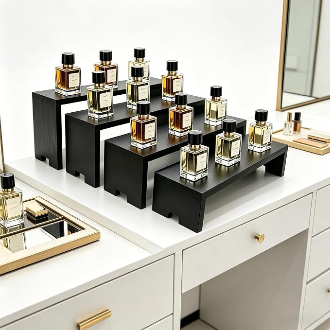Yikaroeli 2 Set Large Black Display Riser Perfume Display Stand Cologne Shelf Wood Risers for Display,11"-8.6" Graduated Sizes,4Tiered 8Pcs Display Stands for Vendors Event