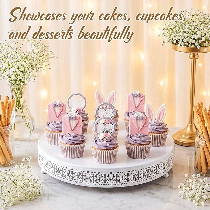 Wenqik White Cake Stand 16 Inch Metal Round Cupcake Dessert Wedding Cake Stand with Cutting & Spatula Cookies Display Holder Fruit Serving Tray for Table Wedding Birthday Anniversary Party