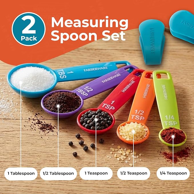 Farberware Kitchen Essentials Measuring Spoon Set, Set of 5 – 2 Pack, Easy Read Standard Units for Wet & Dry Ingredients, Lightweight Plastic Baking & Cooking Spoons – Dishwasher Safe