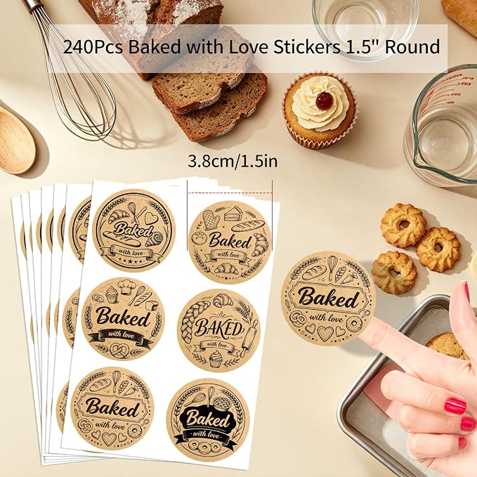 240PCS Baked with Love Stickers, 1.6 Inch Round Self-Adhesive Kraft Baking Labels, Vintage Packaging Stickers for Homemade Bread Cookies Goodie Bags Gift Wrapping,6 Design