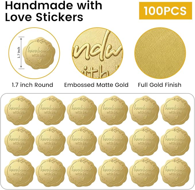 100 x Handmade with Love Stickers, Made with Love Stickers for Small Business Packaging, Embossed Matte Gold Bakery Stickers for Baked with Love Gifts, Wedding Favor Bags & Thank You Envelopes, 1.77''