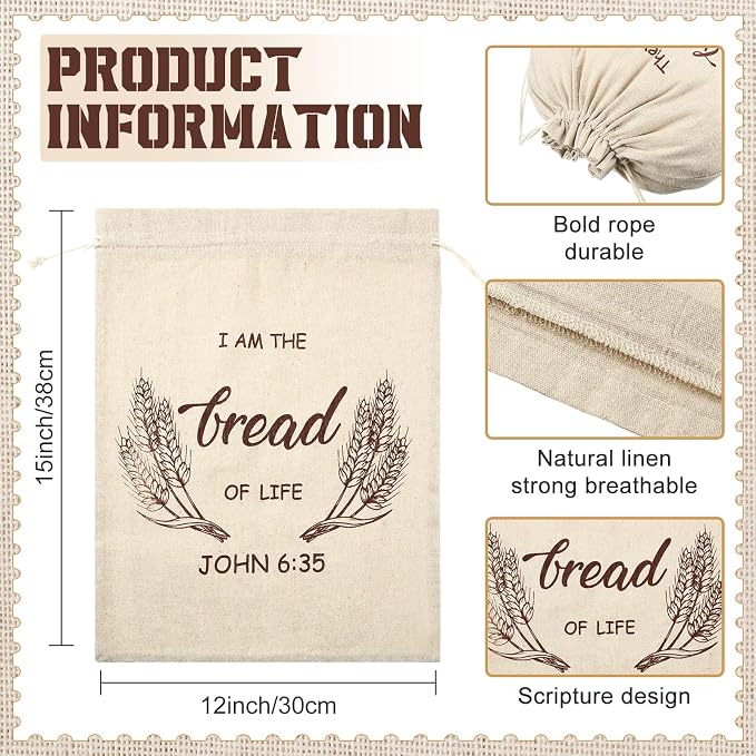 Vesici 8 Pcs Scripture Linen Bread Bag for Homemade Sourdough Bread 12" x 15" Reusable Drawstring Storage Bags Large Unbleached Food Storage Container to Keep Fresh for Bakery Home