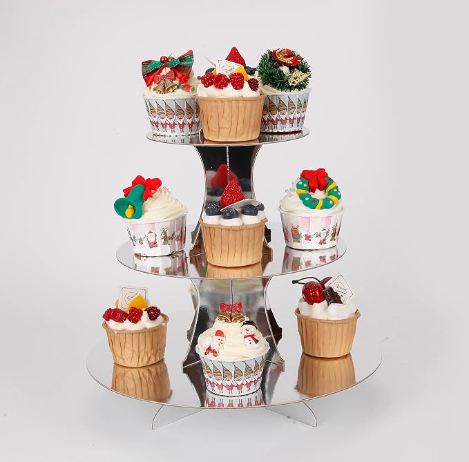 YLDW 3-Tier Cupcake Stand, Sliver Cardboard Cake Stand Holder, Tiered DIY Cupcake Stand Tower for Dessert Table Displays, Birthday Theme Party Favors Decoration, Floral Tea Party, 12" W x 12.8" H