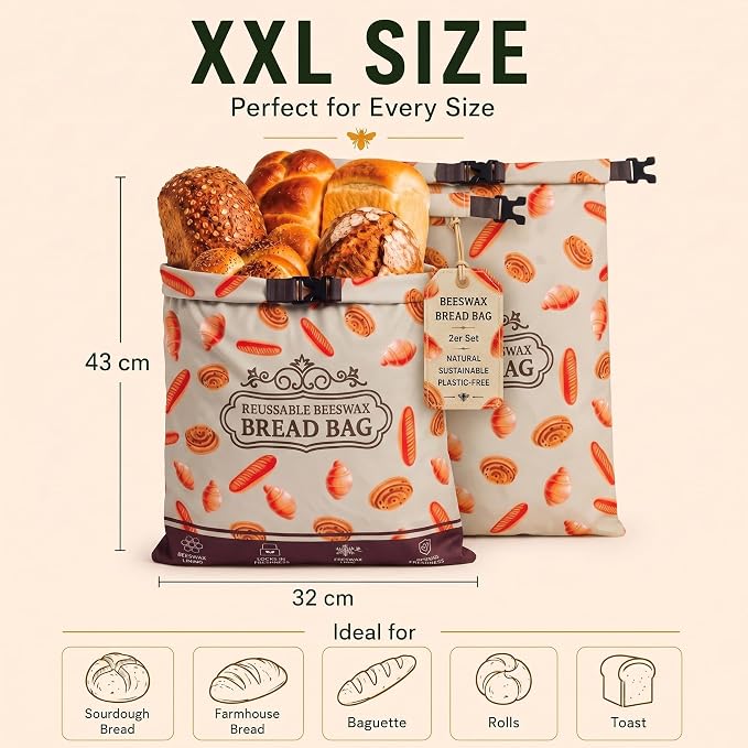 Beeswax Bread Bag 1 Pack, Reusable Linen Bread Bags for Homemade Bread, Extra Large Sourdough Bread Storage Bag, Natural Beeswax Lining Keeps Loaves Fresh Longer, Eco Friendly