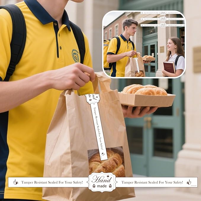 Food Retail Package Seal Stickers 9x1 Inch Safe Secure Tamper Evident Lids Proof Labels 200 Pcs for Freshness Labels for Handmade Crafted Baking (White)