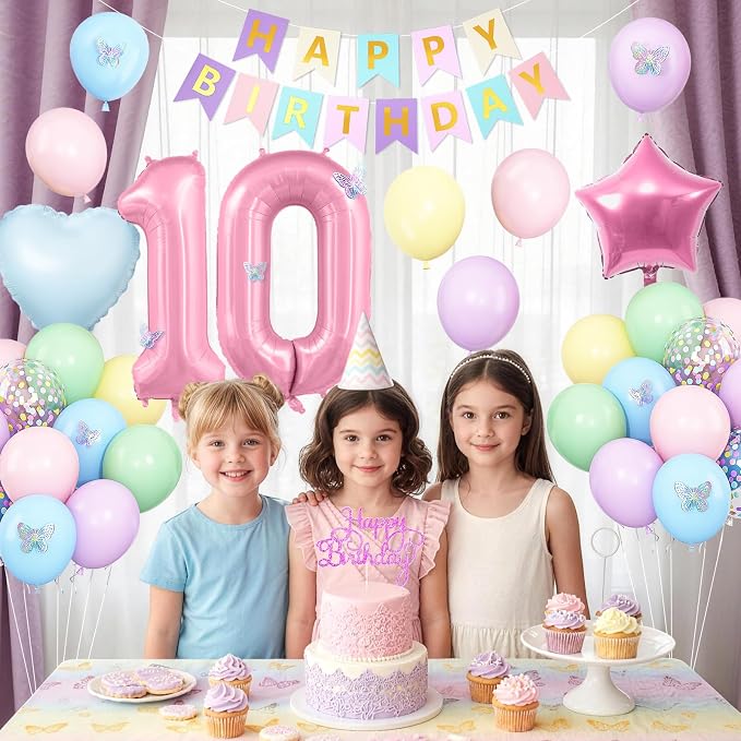 Pastel 10th Birthday Decorations for Girl,Macaron Rainbow 10th Party Decoration Colorful Balloons Banner Star Heart Number 10 Foil Balloon Cake Topper Butterfly Party Decorations