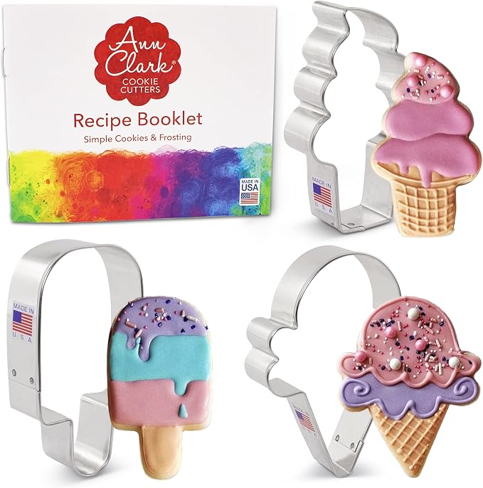 Ann Clark Cookie Cutters Ice Cream Cookie Cutter Set with Pink, Purple, and Teal Food Coloring Gel Made in USA