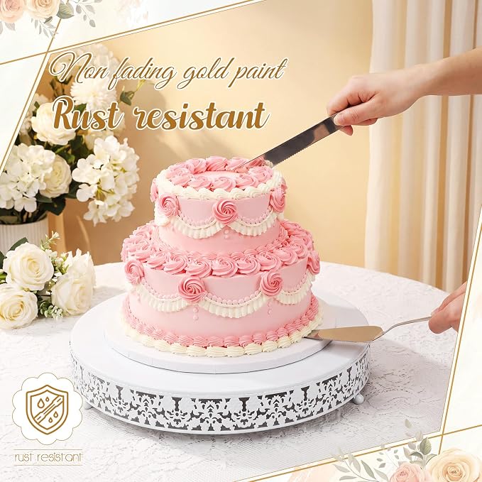 Wenqik 16 Inch White Cake Stand Set Metal Round Cupcake Dessert Stand with Cake Cutting, Flower Spatula Wedding Cupcake Pastry Display Candy Holder Display for Wedding Party Birthday Baby Shower