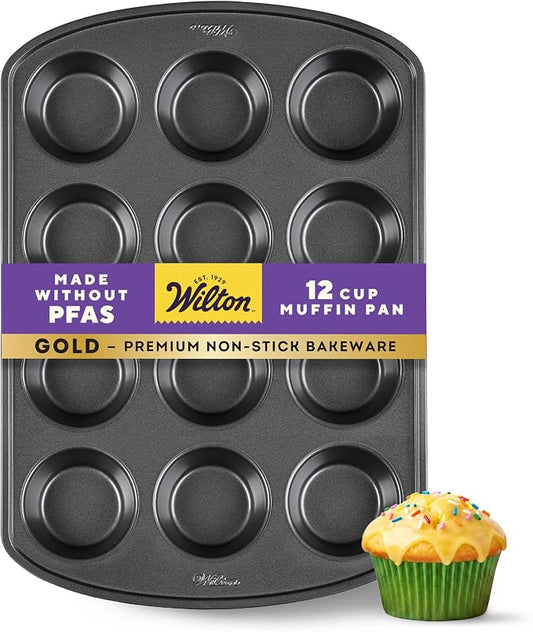 Wilton Gold Non-Stick Bakeware Muffin Pan - Baking Pan for Muffins & Cupcakes - Made Without PFAS, Dent Resistant & Dishwasher Friendly - Offers Even Heat Distribution - 10.5 x 15 x 2 Inches, 12 Cup