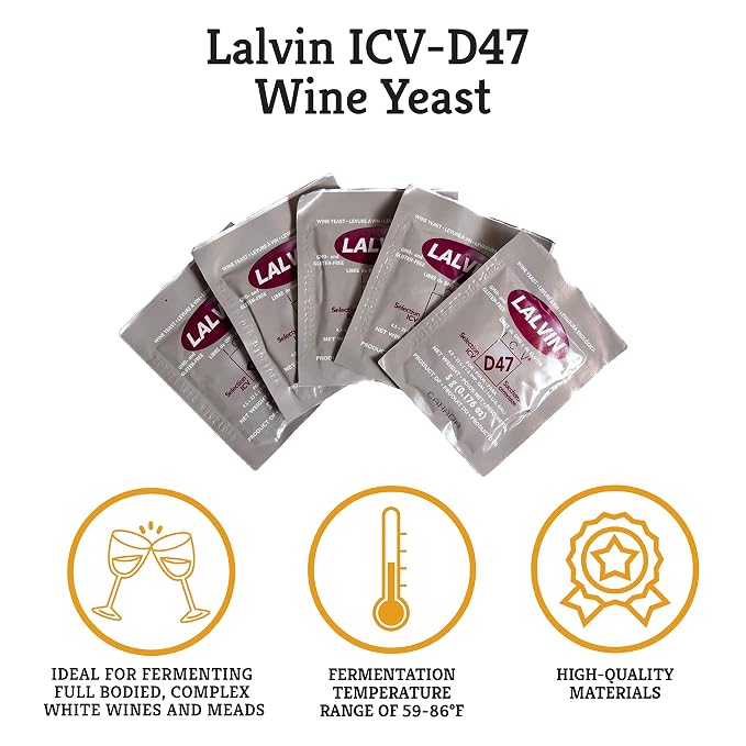 Craft A Brew - Lalvin ICV-D47 Wine Yeast - Dry Wine Yeast - For Full-Bodied, Complex White Wines & Meads - Ingredients for Home Fermenting - Wine Making Supplies - [5 Pack]