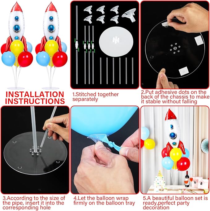 4 Sets Toy Inspired Themed Party Balloons Stand Kit With 4 Rocket Foil Balloons Toy Themed Red Blue Yellow Balloon Centerpiece for Tables for Boys Birthday Baby Shower Cartoon Party Decorations