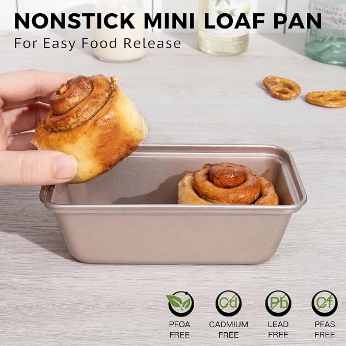 HONGBAKE Mini Loaf Pans for Baking, Nonstick Small Bread Pans of 3, 6 x 3.2 x 2 In Tiny Carbon Steel Small Baking Pans - Rose Gold