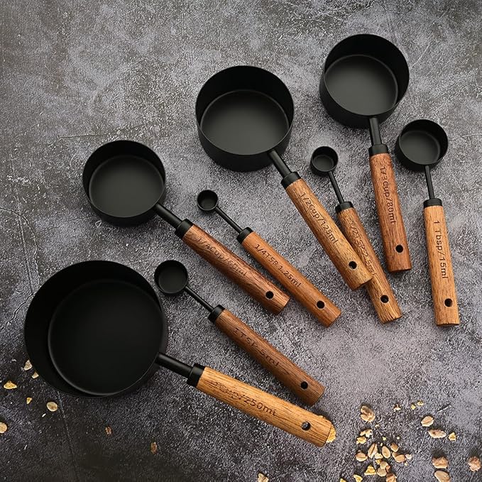 8 pieces Black Measuring Cups Set and Measuring Spoons Set with Scale, BRIIEC Wooden Handle Stainless Steel Dry & Liquid Measuring Cup for Cooking Baking
