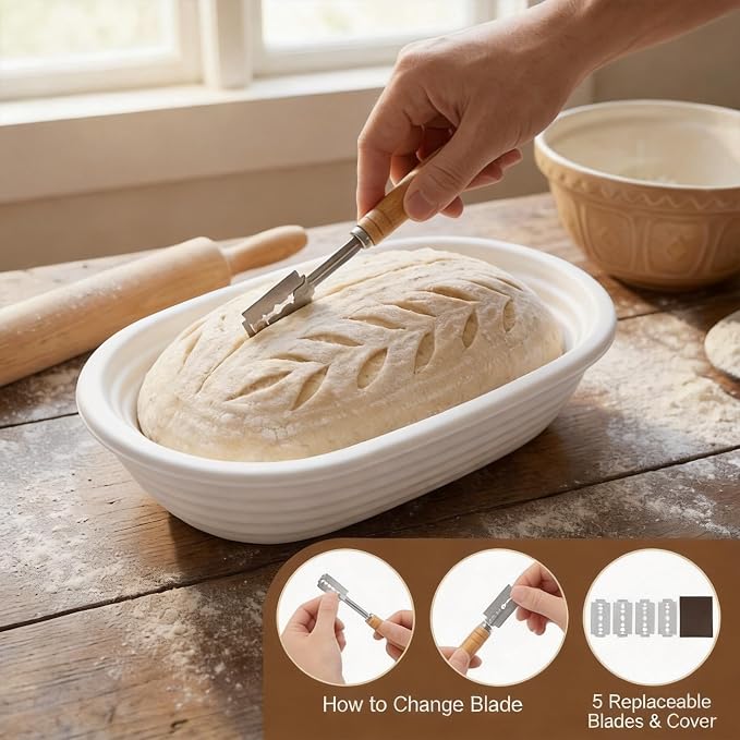2 Pack Bread Proofing Baskets, 11" Oval Banneton Proofing Basket with Breathable Linen Liners and Bread Lame, Reusable Loaf Banneton Basket for Professional & Home Sourdough Bread Baking
