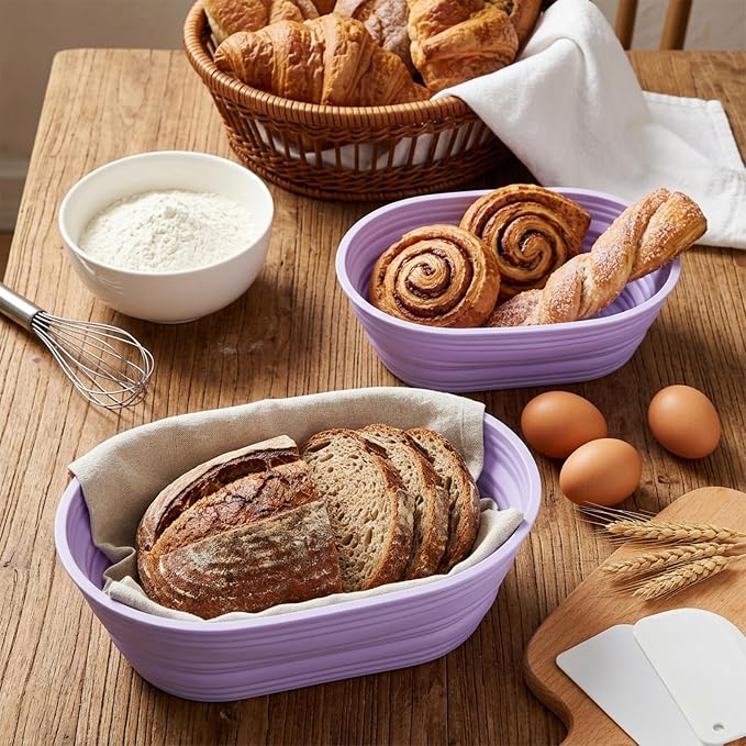 MAQUITA 4-Pack Oval Silicone Bread Proofing Basket, 10-Inch Sourdough Proofing Basket Set (Purple)