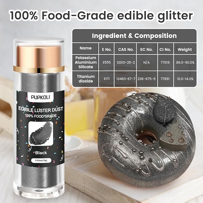 Black Edible Glitter 15g, Edible glitter for Drinks, Luster Dust Edible Shimmer Powder for Cocktails,Cakes, Baking, Party Decoration ﻿