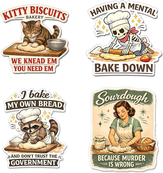 (4 Pcs) Funny Baking Stickers – Waterproof UV DTF Vinyl Baking Stickers for Home Bakers, Funny Baking Stickers for Water Bottles, Scrapbooking, Kitchen Décor, Sourdough & Bakery Lover Sticker Set