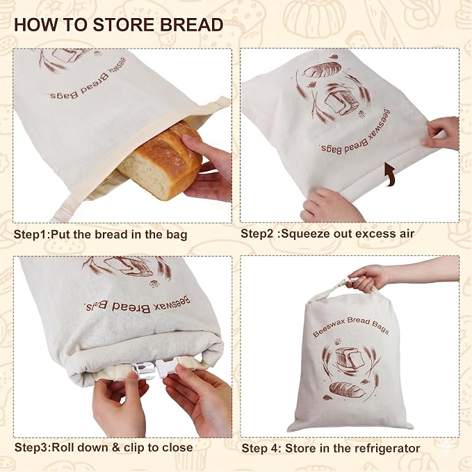 Reusable Beeswax Bread Bags 2 Pack by WSDKNS, for Sourdough & Homemade Bread, Large 17x13 Inch Linen Bag with Beeswax Lining to Keep Food Fresh | Freezer-Friendly & Stylish Design