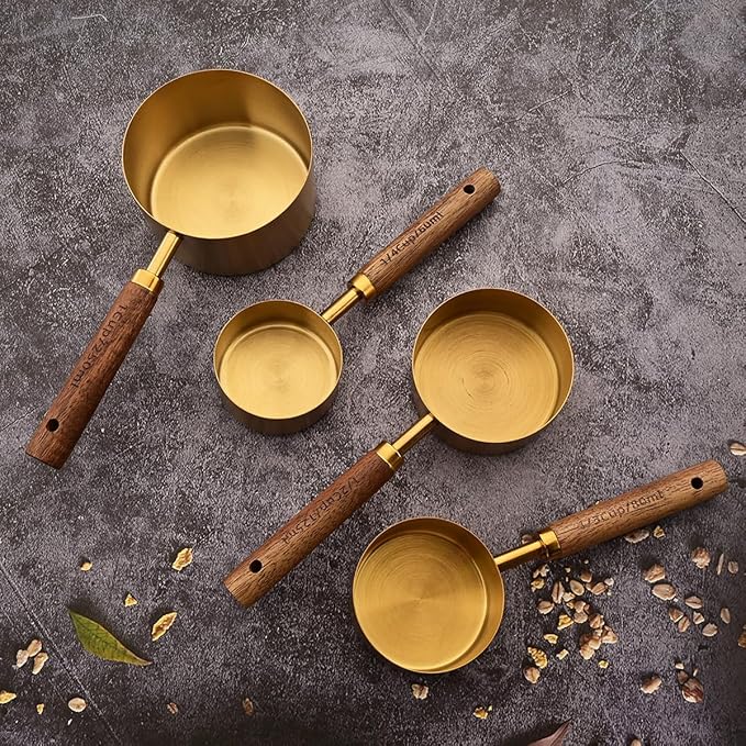 8 pieces Golden Measuring Cups Set and Measuring Spoons Set with Scale, BRIIEC Wooden Handle Stainless Steel Dry & Liquid Measuring Cup for Cooking Baking