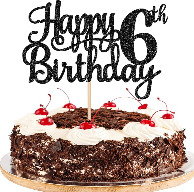 1 PCS Happy 6th Birthday Cake Topper Glitter Cheers to 6 Years Cake Pick Number 6 Fabulous Cake Decoration for 6th Birthday Theme Party Decorations Supplies Black