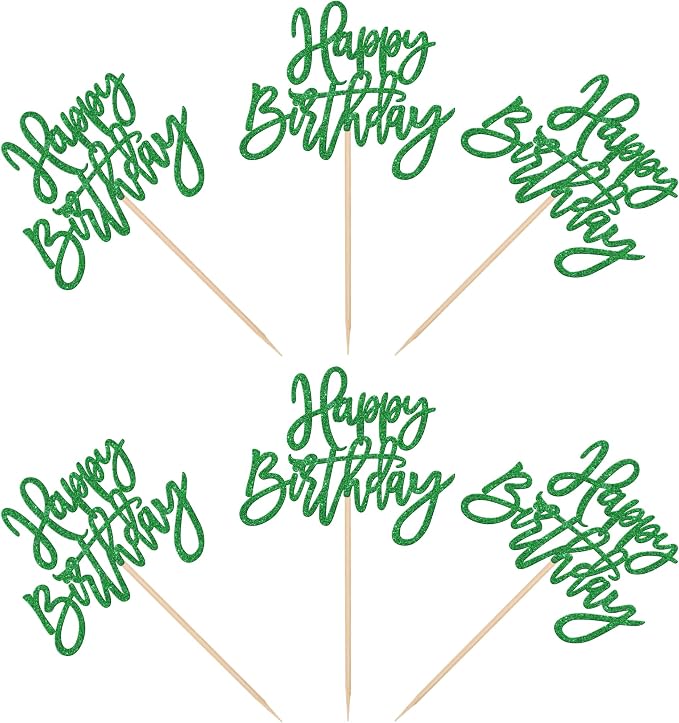 24 PCS Happy Birthday Cupcake Toppers Glitter Happy Birthday Cupcake Picks for Celebrating Anniversary Theme Party Cake Decorations Supplies Green