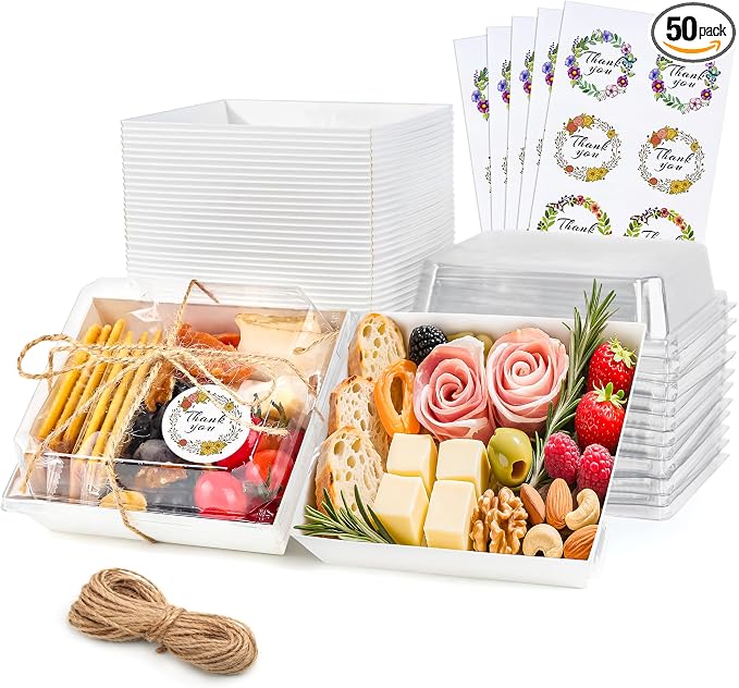 50 Pack White Kraft Grazing Boxes 5.3x4.9x2.5in for Snack Tables | Use for cookies, fruit, cake slices, mini sandwiches or tasting portions after cooling.