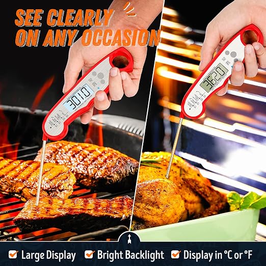 Digital Meat Thermometer, Waterproof Instant Read Food Thermometer for Cooking and Grilling, Kitchen Gadgets, Accessories with Backlight & Calibration for Candy, BBQ Grill, Liquids, Beef, Turkey…
