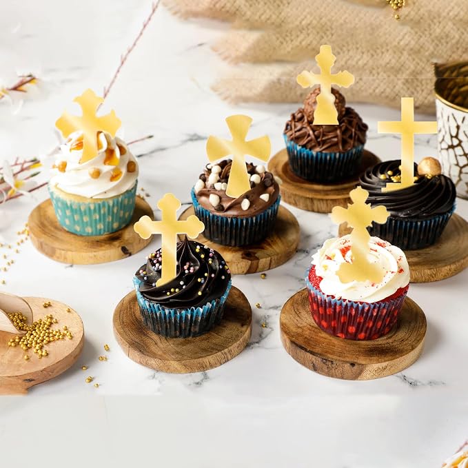 60 PCS Edible Cross Cupcake Toppers Wafer Paper God Bless Cupcake Toppers Edible Baptism Cross Cupcake Picks for Religious Theme Baby Shower Birthday Party Cake Decorations Supplies Retro Gold