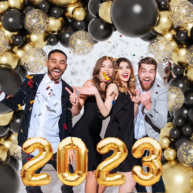 RUBFAC 130pcs Black and Gold Balloons, Black Metal Gold and Metallic Confetti Gold Balloons for 2026 New Year Graduation Class Decorations Retirement Party Baby Shower Wedding Birthday Anniversary