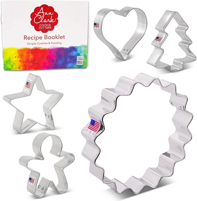 Ann Clark 5-Pc. Linzer Cookie Cutter Set Large, Made in USA, Large Fluted Circle, Mini Heart, Christmas Tree, Star and Gingerbread Man