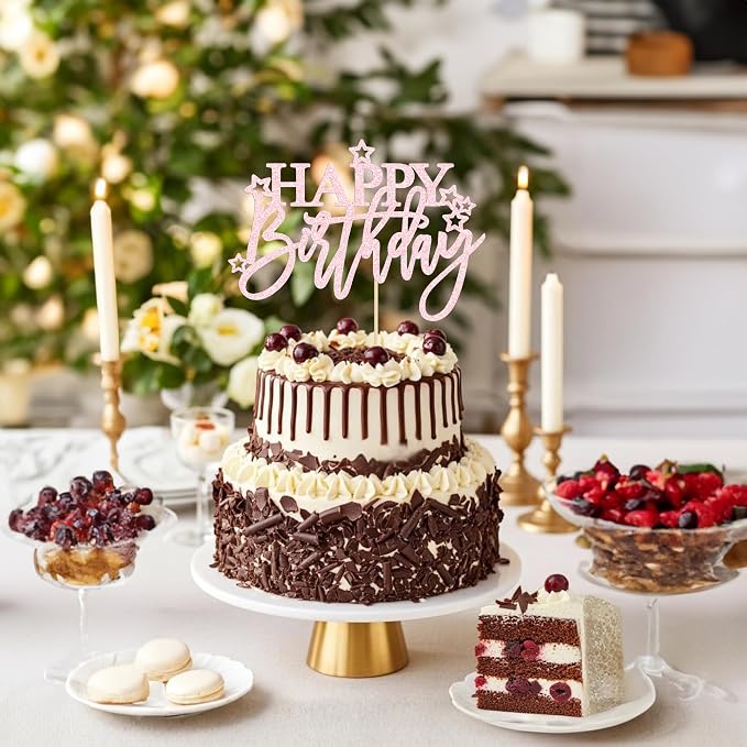 Gyufise 1Pcs Happy Birthday Cake Topper Glitter Happy Birthday Cake Pick for Celebrating Happy Birthday Anniversary Theme Party Cake Decorations Supplies Pale Pink