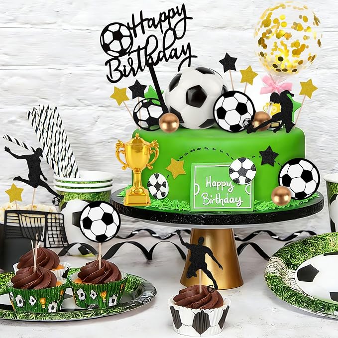 Hooqict 28Pcs Soccer Cake Decorations Set with Mini Balls, Players, Goal, Balloon, Soccer Ball Cake Toppers & Cupcake Toppers for Kids Boys Men Sports Themed Birthday Party Decorations Supplies