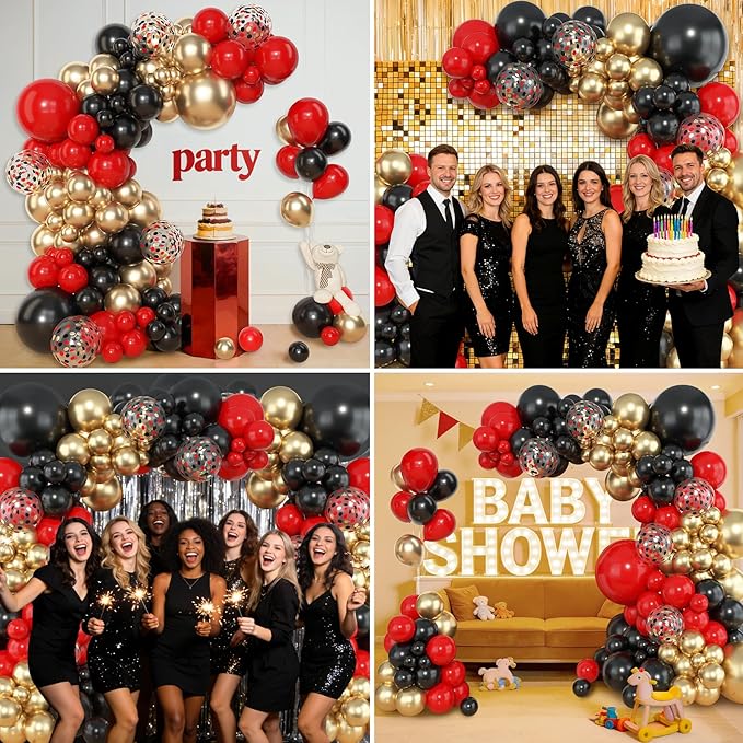 Amandir 153pcs Red Black Gold Balloon Garland Arch Kit, Different Sizes 18 12 10 5 inch Red Black Gold Latex Metallic Confetti Gold Balloons for Graduation Casino Theme Birthday Party Decoration