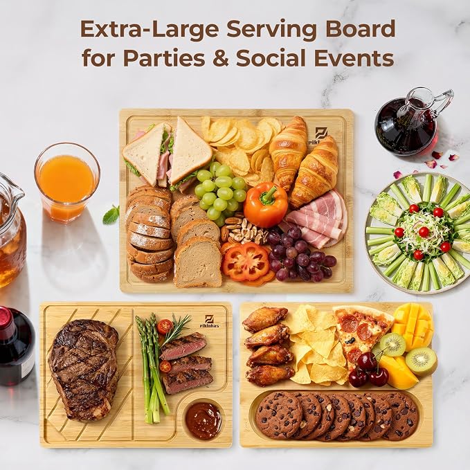 Bamboo Cutting Boards Large Set of 4 for Kitchen+Bread Slicer with Bread Knife