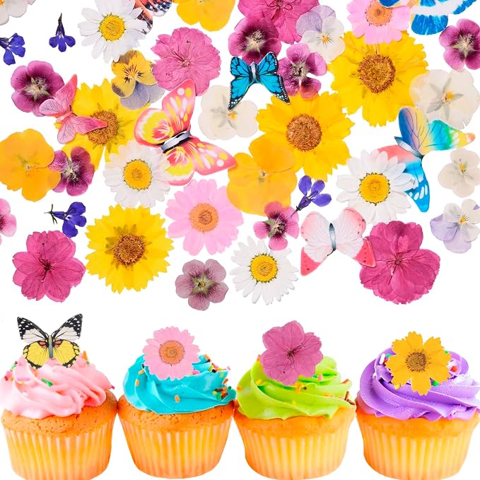 60 PCS Edible Butterfly and Flowers Cake Cupcake Toppers Decoration - Real Flowers & Wafer Butterfly for Wedding Themed Party Birthday Cake Decor Hawaiian Flower,Mixed Size Color