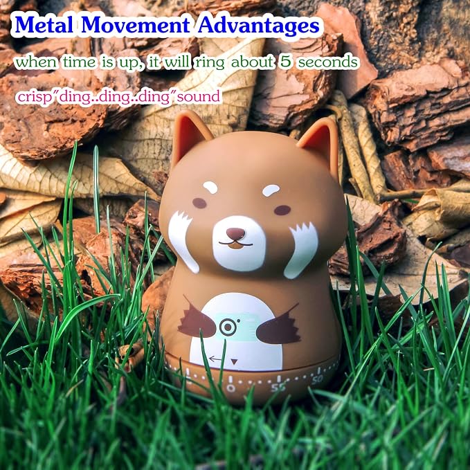 Mechanical Kitchen Timer, Cute Animal Timer for Kids, Wind Up 60 Minutes Manual Countdown Timer for Classroom, Home, Study and Cooking (Brown Lesser Panda)