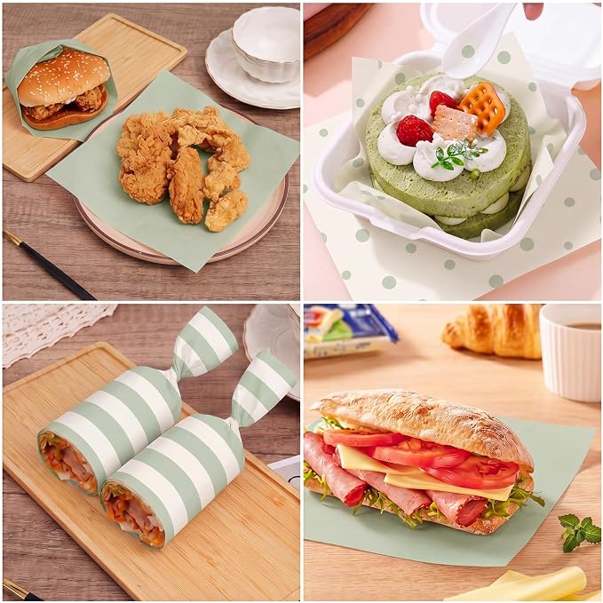 Feifeiya Floral Wax Paper Sheet for Food Chinoiserie Bird Deli Paper Waterproof Sandwich Wrapping Greaseproof Food Basket Liners for Picnic Party Kitchen Supply (200, Sage Green, Striped)