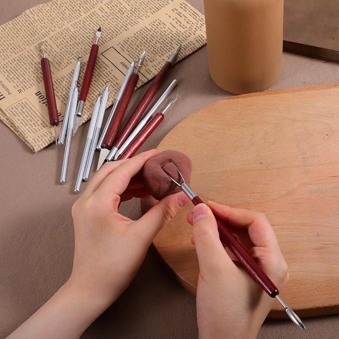 12 PCS Clay Carving Tools, Double-Sided Clay Sculpting Tools Wooden Handle Clays Wire Loop Sculpture Set Clays Pottery Sculpting Tool Set for Ceramic, Carving Modeling