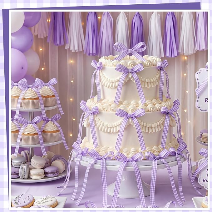 30 PCS Bow Cupcake Topper Purple Gingham Ribbon Bows for Cake Handmade Bow Birthday Decorations for Weddings, Baby Showers, Wedding, Engagements and Dessert Tables