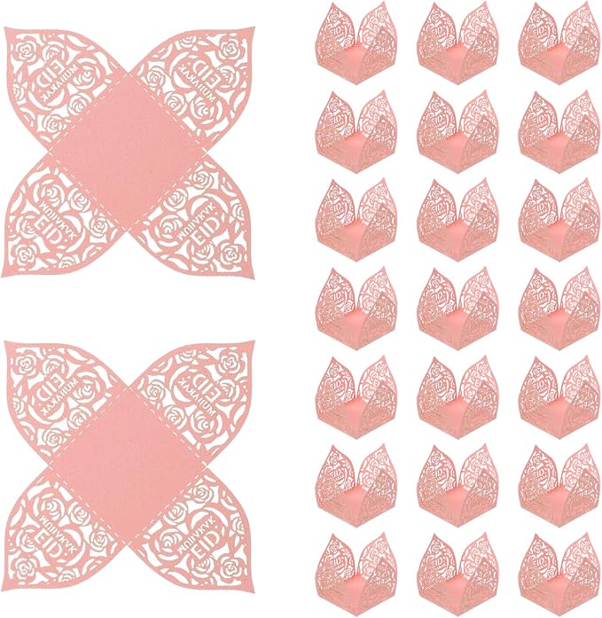 uxcell 25 PCS Truffle Wrappers 0.43x0.43 Inch Square Cupcake Liners Baking Wrappers Hollow Out Paper Dessert Cups for Wedding Birthday Pink