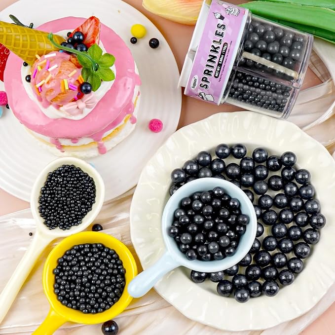 Black Sprinkles for Cake Decorating, 110g/3.88oz Black Pearl Sprinkles 4 Sizes Mix for Cake Cupcake Cookie Baking Donuts Ice Cream Toppings，Wedding Party Halloween Supplies