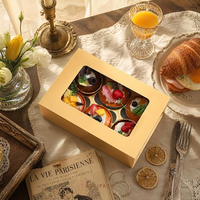 25 PCS Cupcake Boxes, Gold Cupcake Boxes 6 Count with Window and Inserts, Cupcake Holders for Cupcakes, Muffins, Cookies, Pastries