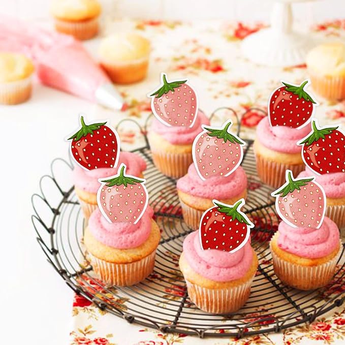 40Pcs Edible Cute Strawberry Cupcake Toppers Red Starwberry Cupcake Picks Pink Strawberries Drink Toppers for Baby Shower Boys Girls Birthday Cake Decors Sweet Fruit Party Decorations