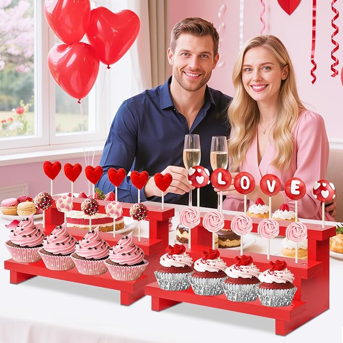 Wood Cake Pop Stands, 3 Tier Lollipop Holders with Twist Ties Lollipop Sticks, Sucker Display Riser for Dessert Table of Wedding Birthday Party (Red-2P-17 Hole)