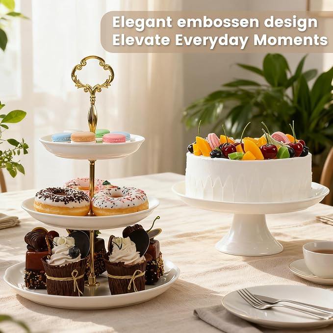 Wedding Cake Stand , 10 inch White Cake Stand Round Porcelain Embossed cake plate, Elegant Cupcake Stand for Dessert Table Display For Party,Baby Shower,Christmas, Home Decorating