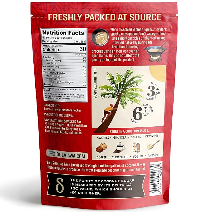 GULAJAWA Javanese Coconut Sugar - Single Origin, Pure Coconut Palm Sugar | Complex Caramel Notes for Coffee, Tea Lattes, Baking, Thai Cooking & Dry Rub Seasonings | Low GI Natural Sweetener - 1LB