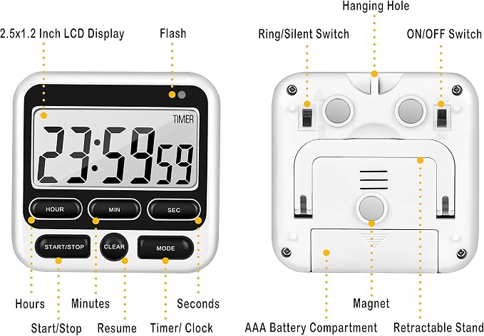 KTKUDY Digital Kitchen Timer with Mute/Loud Alarm Switch ON/Off Switch, 12-Hour Clock & Alarm, Memory Function Count Up & Count Down for Kids Teachers Cooking, Large LCD Display, Strong Magnet (Black)