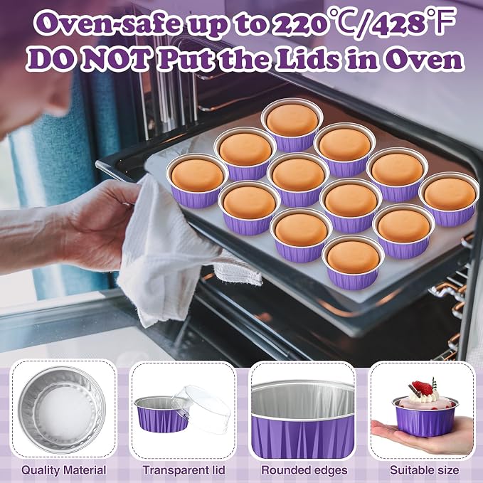 200 Pack Aluminum Foil Cupcake Liners with Lids, 5 oz Round Baking Cup, Disposable Ramekin Container for Graduation Wedding Independence Day Party(Purple,Plain)