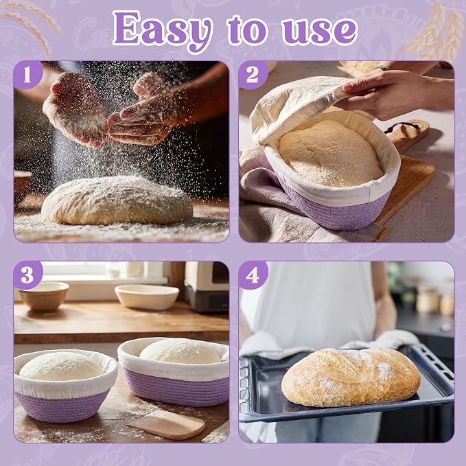 2 Pcs Cotton Rope Banneton Bread Proofing Basket Set 9 Inch Round and 10 Inch Oval Banneton Basket Sourdough Bread with Liners Covers for Baking Supplies(Purple)
